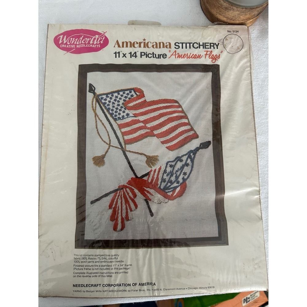 Wonderart Americana Stitchery Kit American Flags 11 x 14 Picture Needlecraft